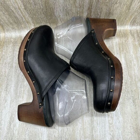 UGG Abbie Black Leather Slip On Heeled Mules Womens 7 Clogs Shoes Chunky Y2K - Picture 2 of 10